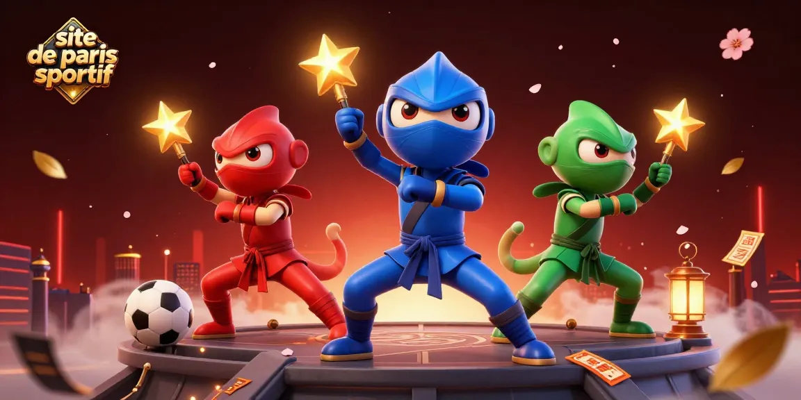 Découvrez le site de paris sportif à travers une scène de caméléons ninjas et éléments de paris sportifs animés.