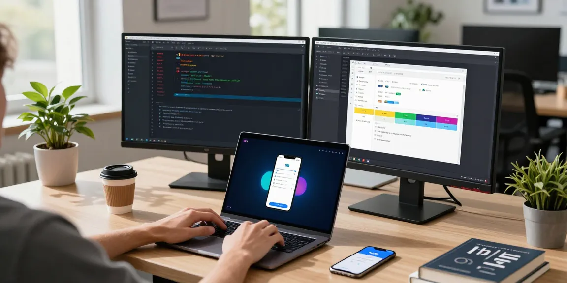 Developer coding the 纸飞机中文版 Telegram app at a modern workspace with dual monitors and coffee.