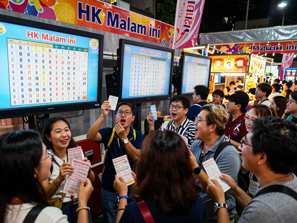 Exciting atmosphere at HK Malam Ini lottery draw with crowd and vibrant lights