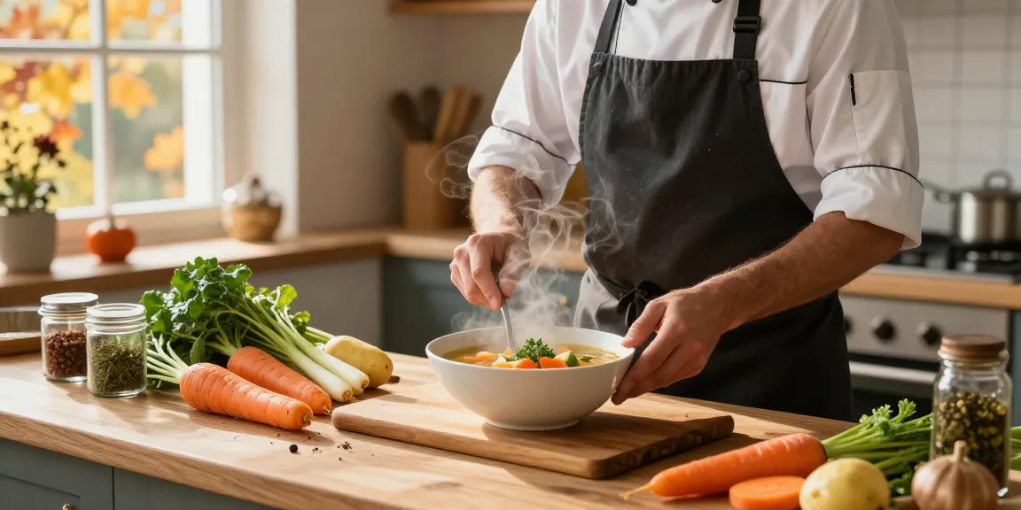 Leckere vegetarische Suppe, die in einer gemütlichen Küche mit frischen Zutaten zubereitet wird.