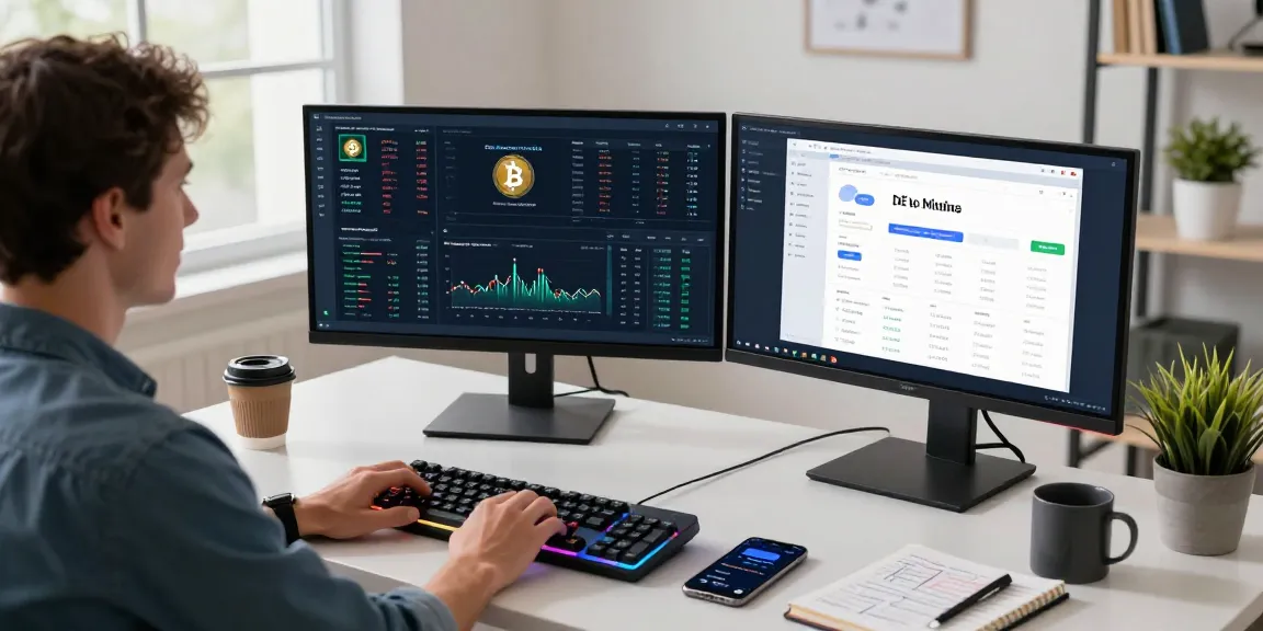 Secure cloud mining platform displayed on dual monitors in a modern crypto workspace.
