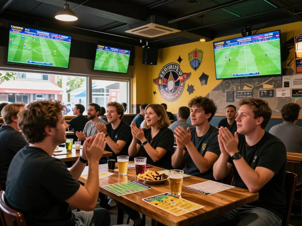 Cakhia fans celebrating a thrilling soccer match in a lively sports bar atmosphere.