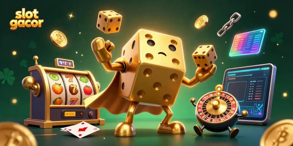 Experience slot gacor thrills with a dynamic 3D golden dice golem and vibrant game elements.