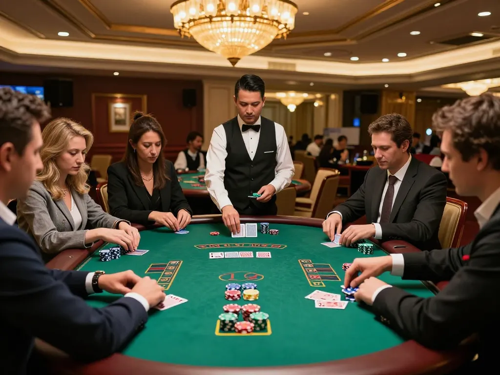 Engaged players at a blackjack table enjoying a strategic game of rokok 88 in a luxurious casino atmosphere.