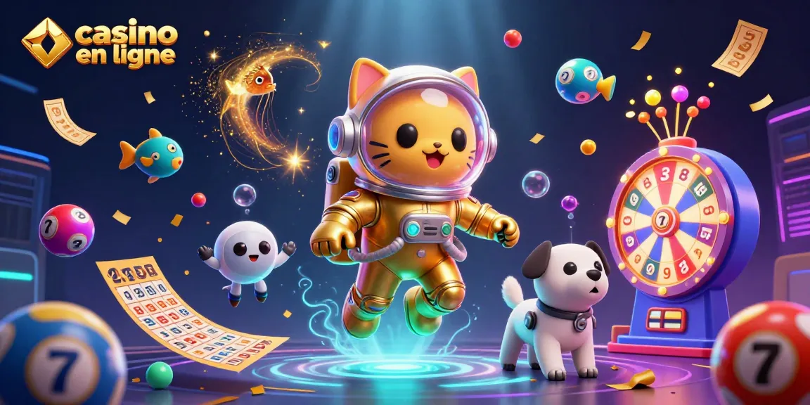 Découvrez un casino en ligne vibrant avec un chat astronaute et un robot dans une illustration dynamique.