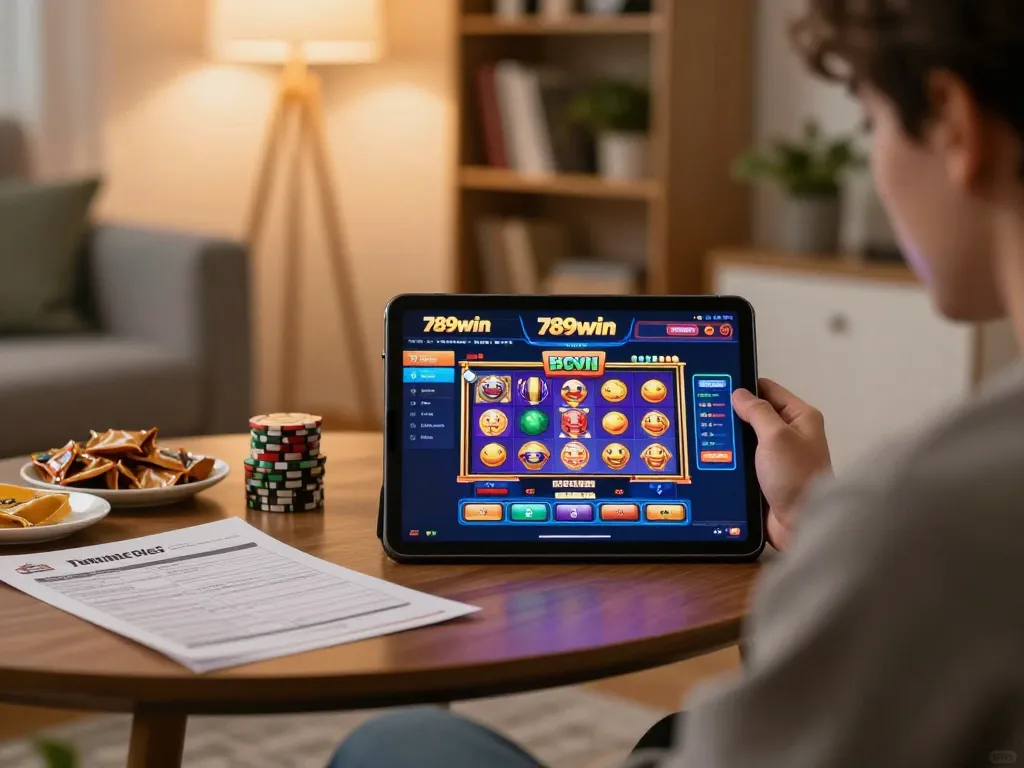 Engaged player strategizing with 789win casino on a tablet, set in a cozy home atmosphere.