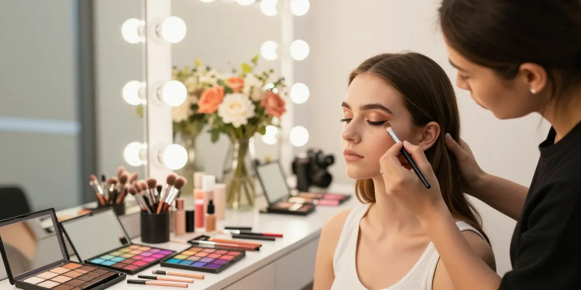 Application of eye makeup with an angled makeup brush by a professional artist, showcasing vibrant colors in a beauty studio.