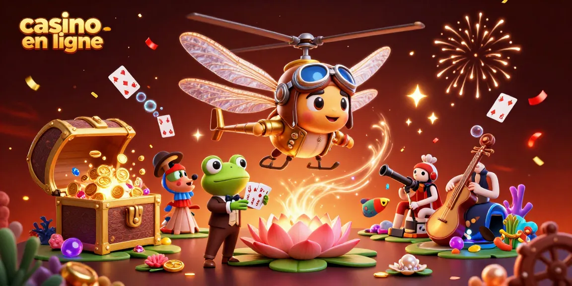 Visualisez le plaisir à un casino en ligne, avec un pilote de libellule et un croupier grenouille animant le jeu de cartes.