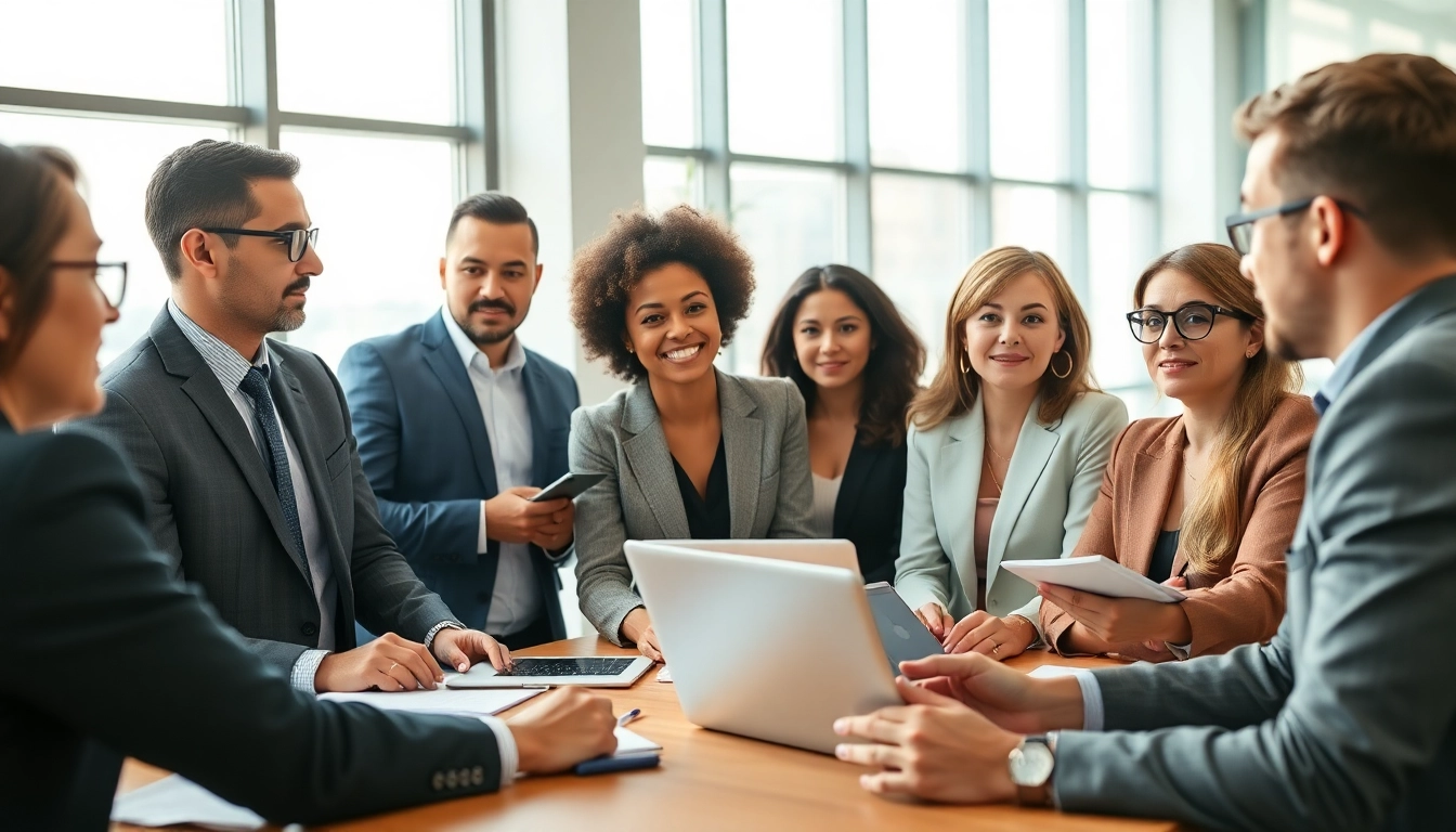 Interaktive geschäftliche Besprechung auf https://alvionz.de/ mit diversen Fachleuten in einem modernen Büro.
