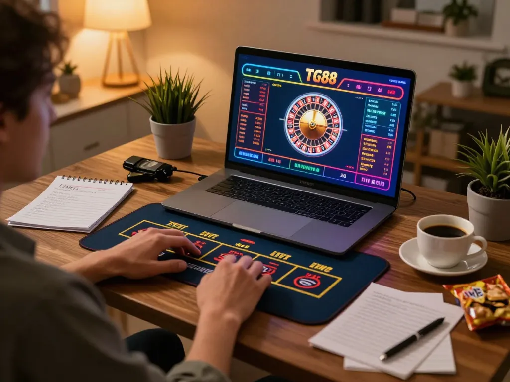 Engaging gameplay at TG88 online casino, showcasing a live dealer roulette game on a laptop.