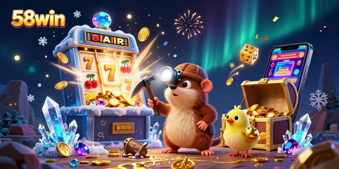 Spin to win at 58win with a treasure-hunting mole amidst glowing gems and jackpots.