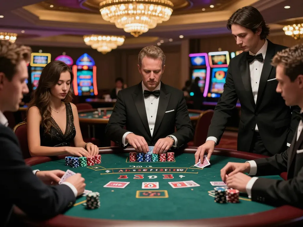 Engaging scene of high-stakes blackjack gameplay at a luxury casino showcasing strategic moves at LV88SEO
