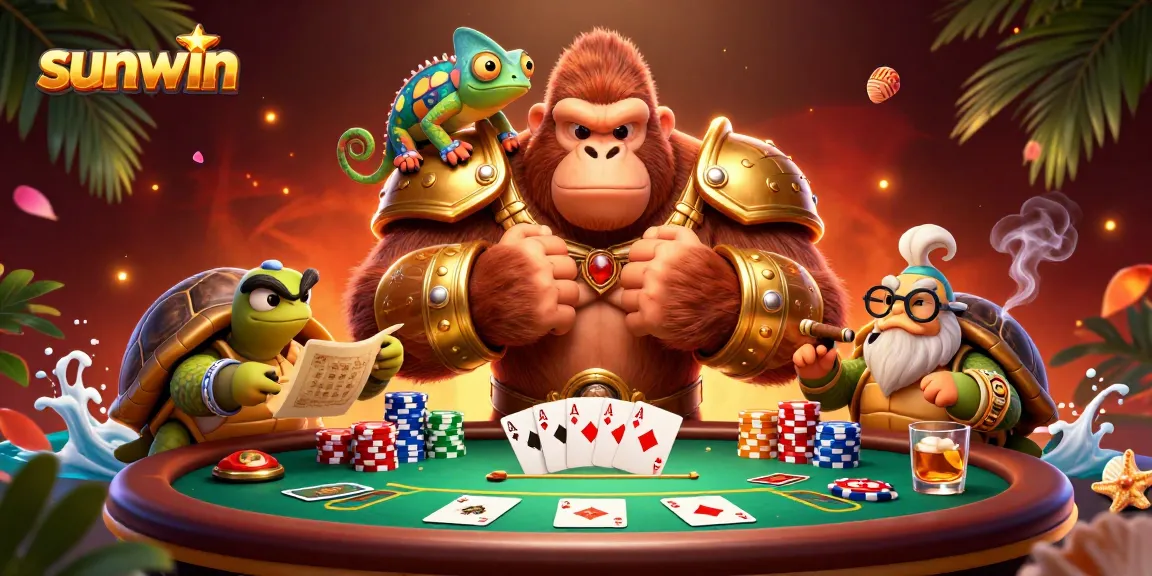 Engage in thrilling poker action with sunwin, featuring vibrant cartoon characters and casino elements.