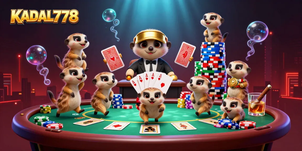 KADAL778 showcases meerkats managing a vibrant casino environment filled with colorful poker elements.