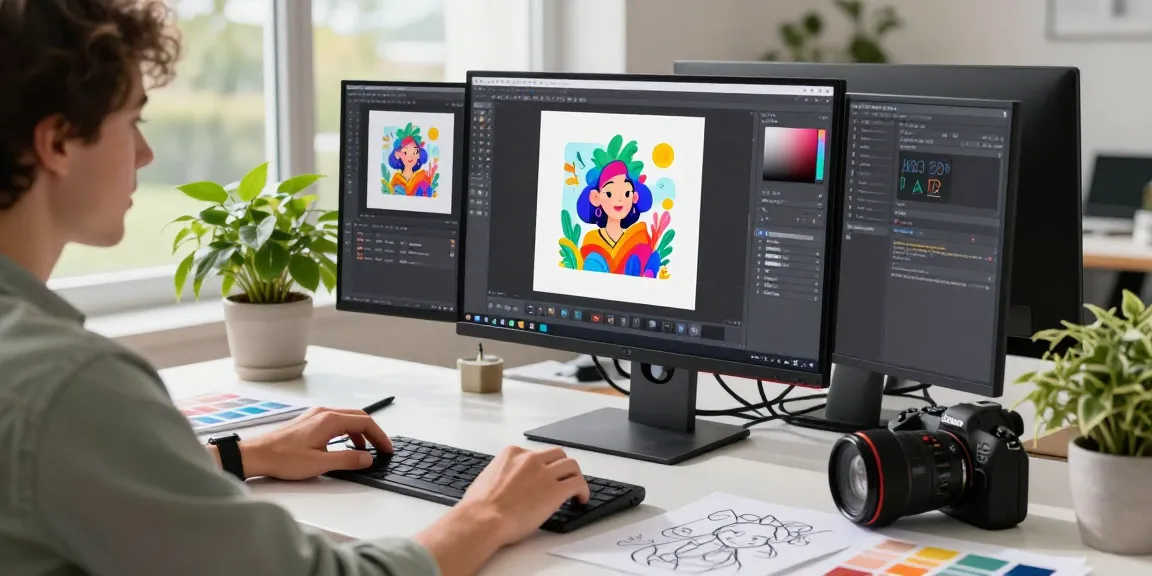 A digital artist using the Nano Banana 2 AI image editor in a modern workspace, showcasing vibrant creations.
