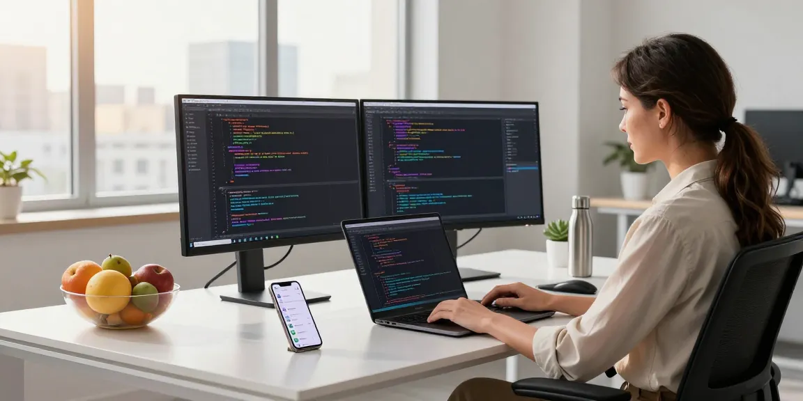 Dynamic workspace with a software developer coding at a desk, showcasing the essence of teiegramin.com.