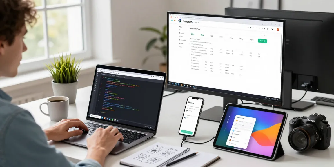 Developer publishing an Android app on Google Play from their modern workspace, showcasing coding in Kotlin, Android Studio interface, and Google Play Console.