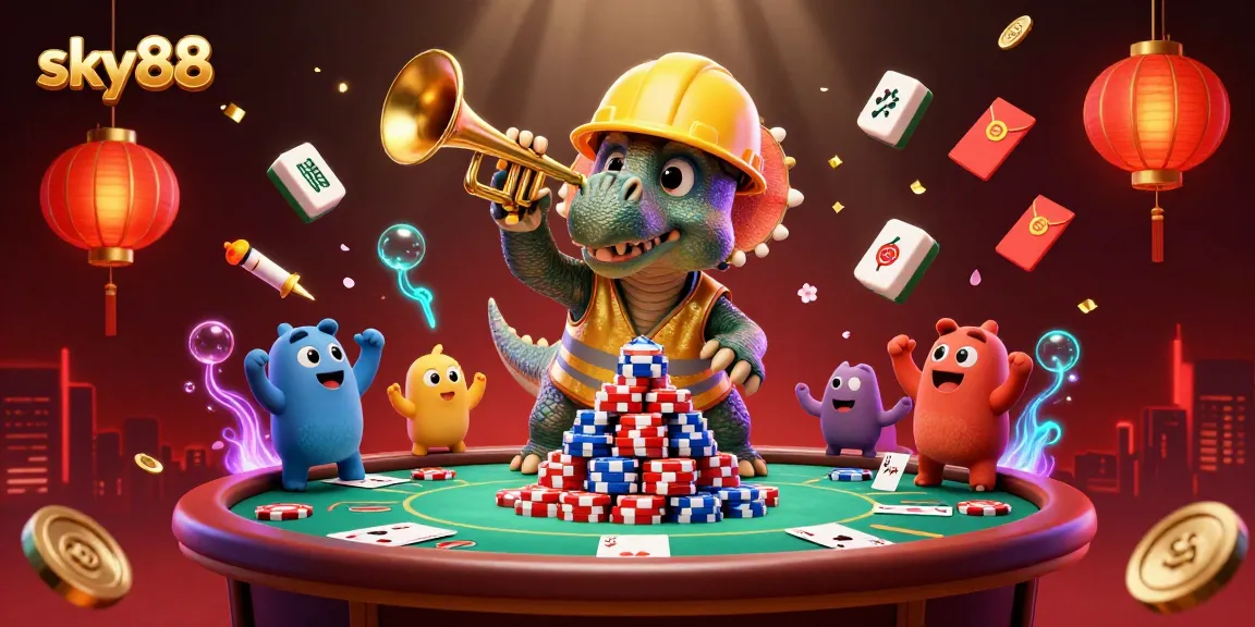 sky88 triceratops builds a poker chip pyramid in a vibrant casino scene celebrating winning