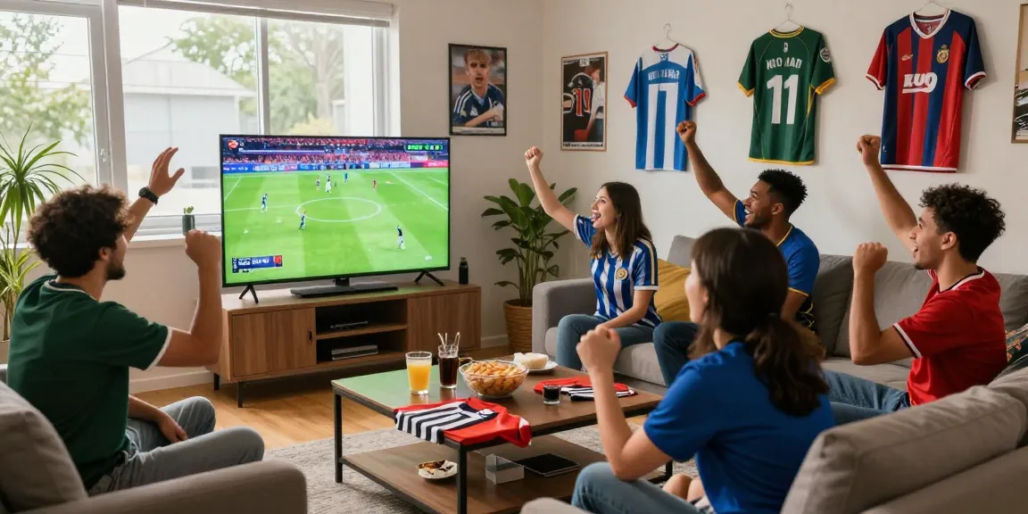 Excited fans enjoying a live koora match in a vibrant living room.