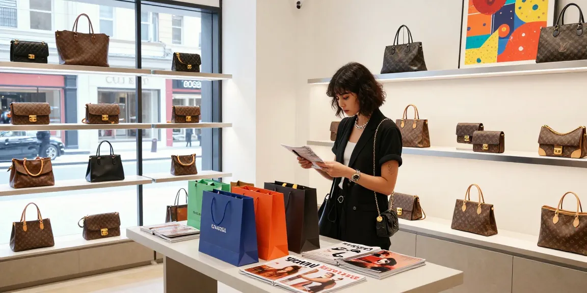 Stylish shopper exploring high-quality 레플리카 handbags in a chic urban store.
