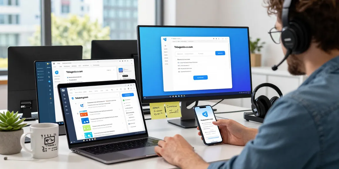 Efficient workspace featuring telegramin-cn.com for messaging in a modern tech office