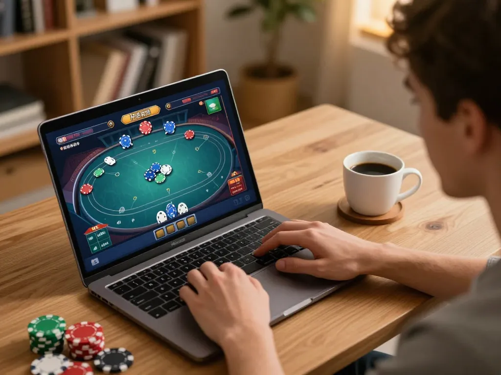 Player enjoying an online poker game on pintu888top in a cozy home office, showcasing vibrant gameplay and focused atmosphere.
