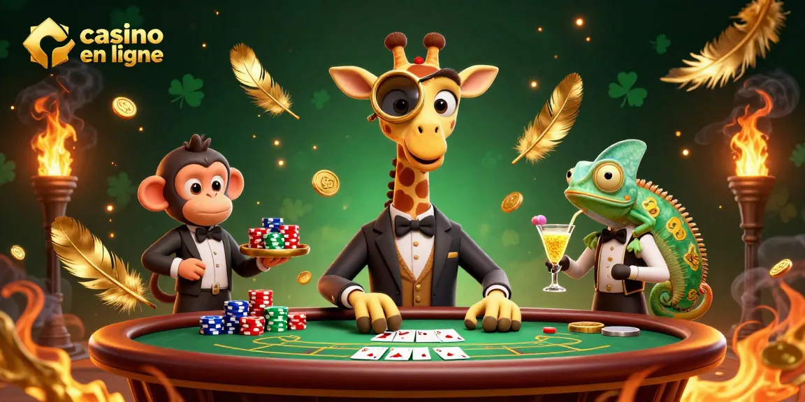 Le jeu excitant de casino en ligne illustré par un giraffe high-roller, un valet et un barman.