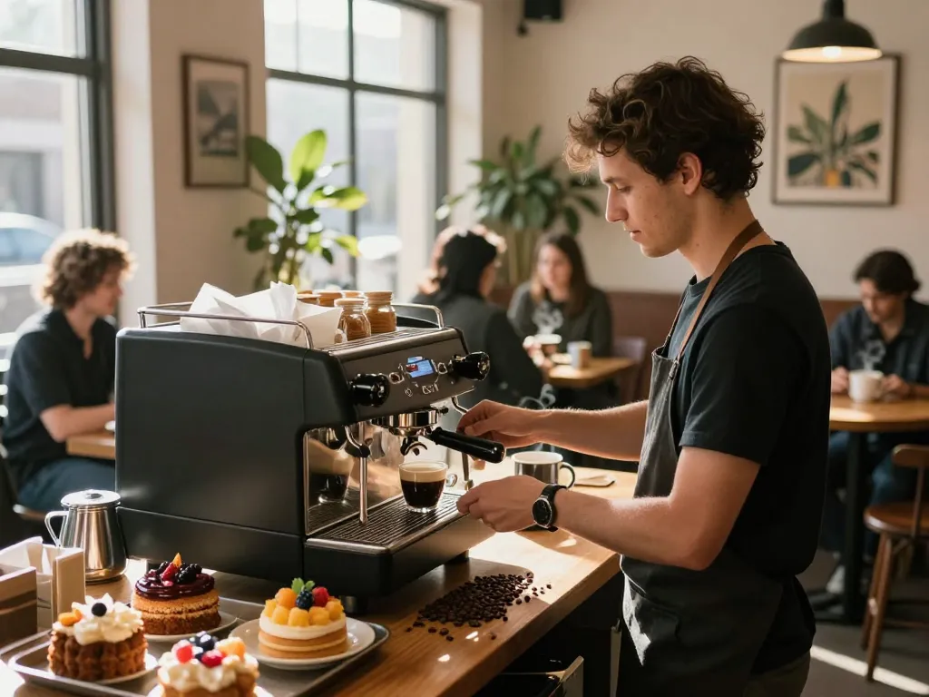 Doppio 2x preparation in a cozy coffee shop with barista and fresh pastries.