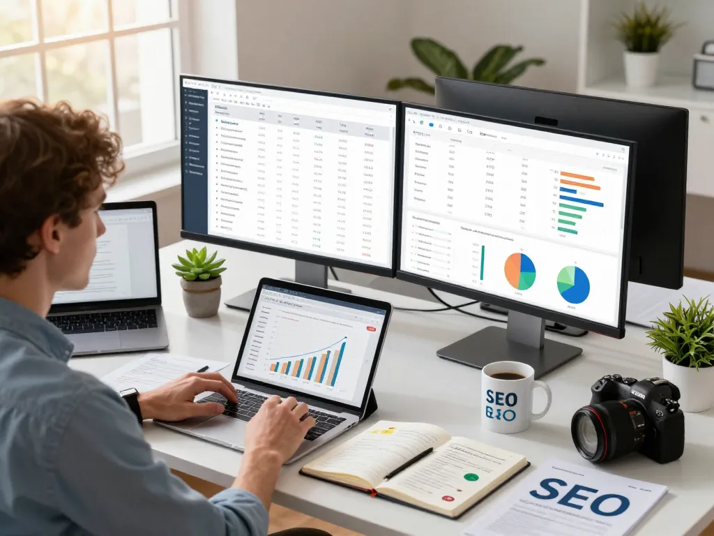 Digital marketer analyzing SEO metrics and group buy seo tools in a modern office setting.