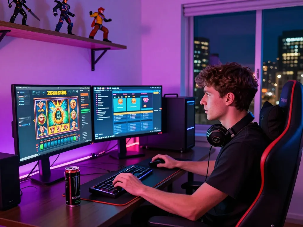 Engaging gamer enjoying Zeus138 slot gacor online experience at home environment.