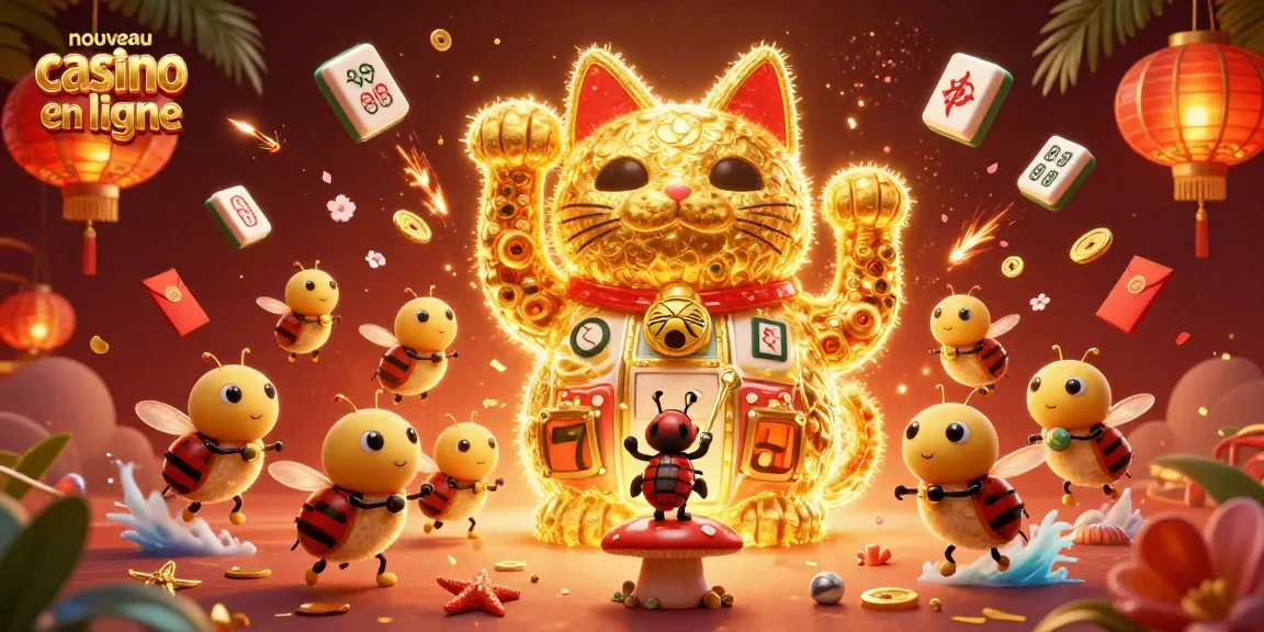 Profitez des jeux captivants d'un nouveau casino en ligne avec un chat porte-bonheur et des symboles animés.