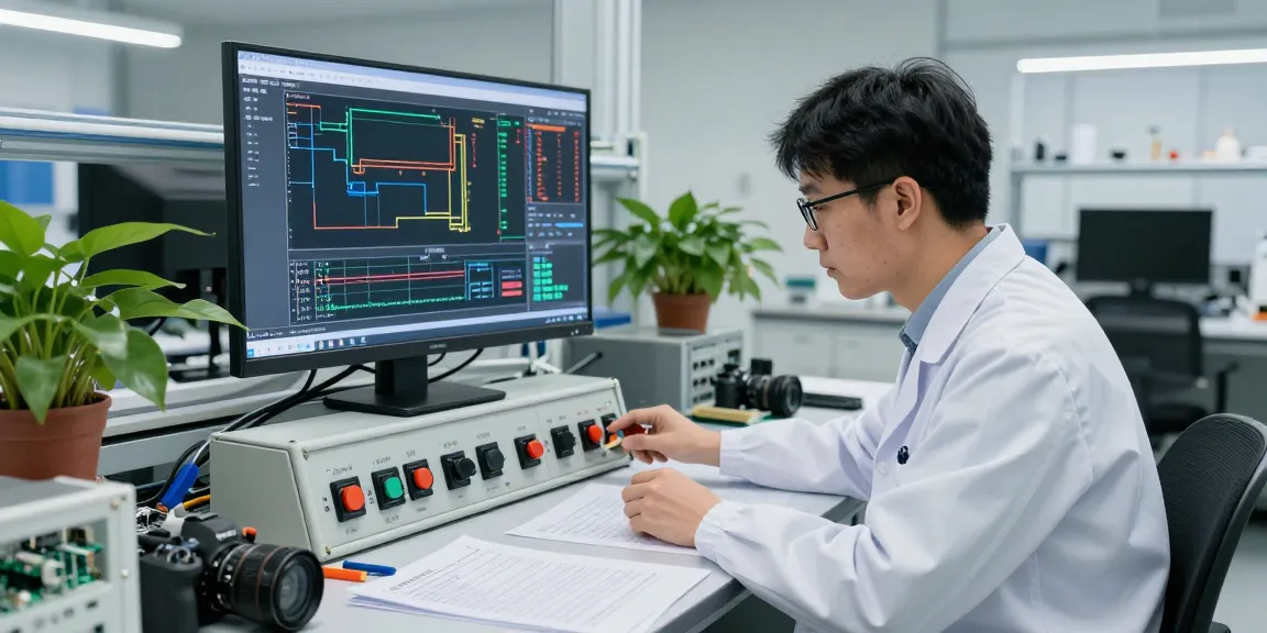 Engineer analyzing panel switches in an electronics lab with technical schematics and tools.