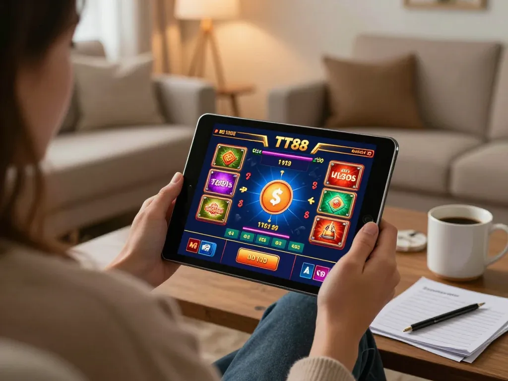 TT88 online casino gameplay on tablet from a cozy home setting, highlighting strategic gameplay.