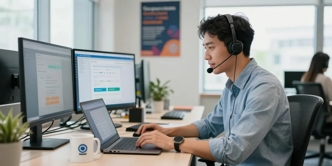 Telus-Technical-Support agent assisting clients at a modern office workspace.
