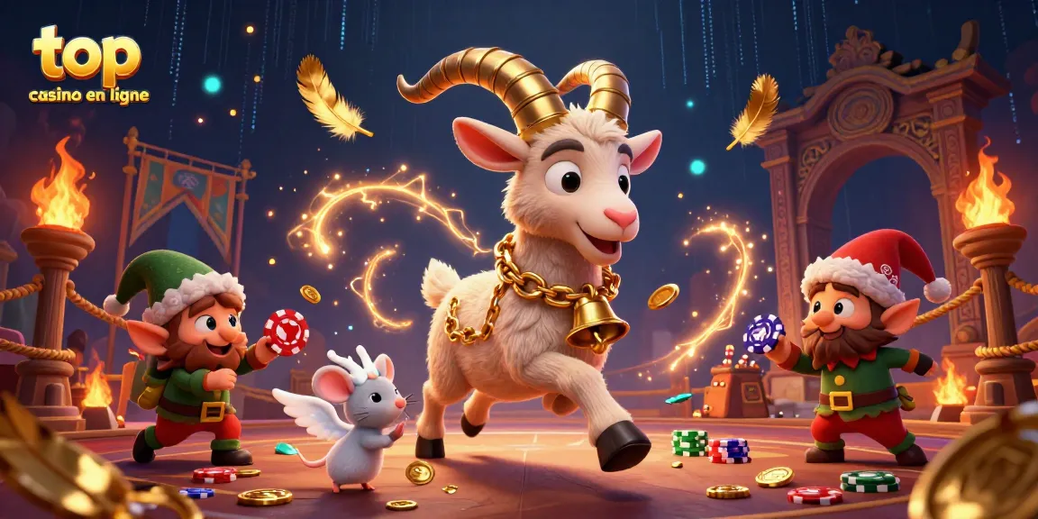 Jouez sur le top casino en ligne avec une scène animée incluant un Krampus, un petit ange et des gremlins.
