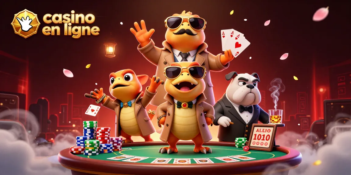 Découvrez les raptors déguisés en VIP au casino en ligne, entourés de jeux de cartes et de jetons.