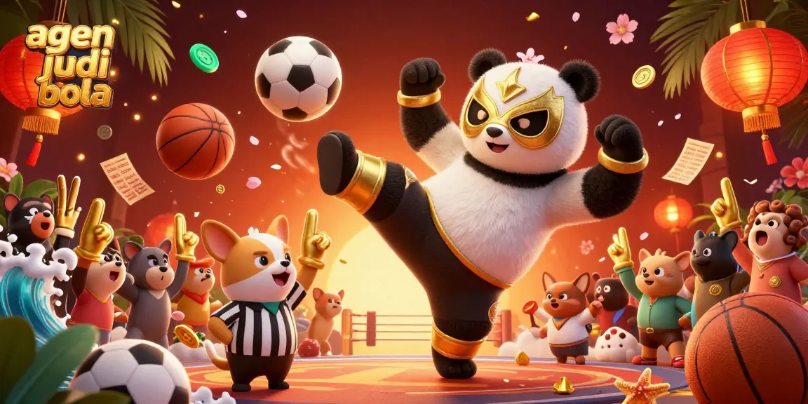 Engage with agen judi bola in an exciting sports betting scene featuring a panda wrestler and festive animal crowd.