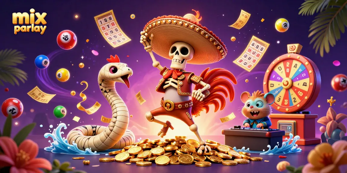 Engage in mix parlay betting with vibrant casino characters celebrating wins in a colorful, dynamic scene.