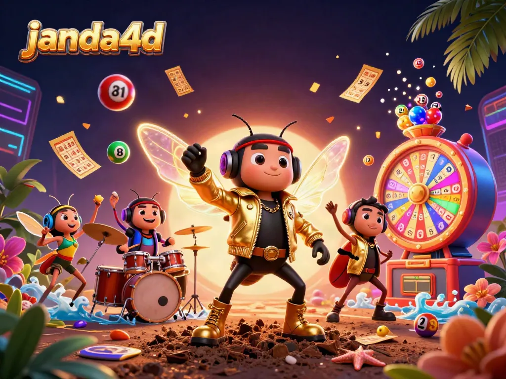 Foto 3D ilustrasi cicada rock star janda4d dengan bola lotere berwarna-warni yang dinamis.