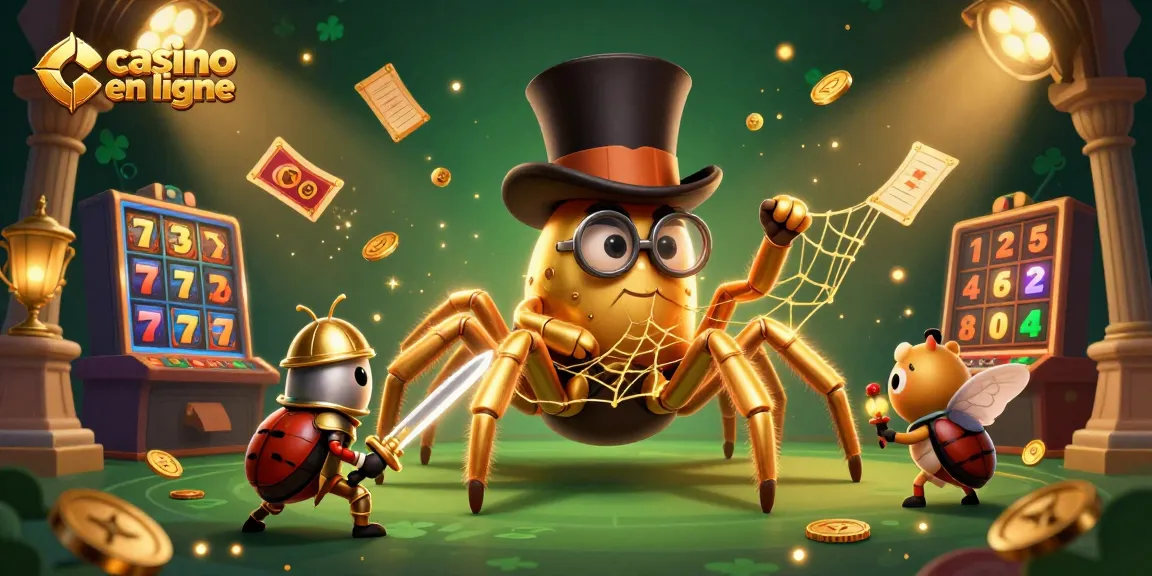 Jouez au casino en ligne avec une illustration 3D d'une tarentule dorée et d'un chevalier, entourés de machines à sous et de pièces d'or.