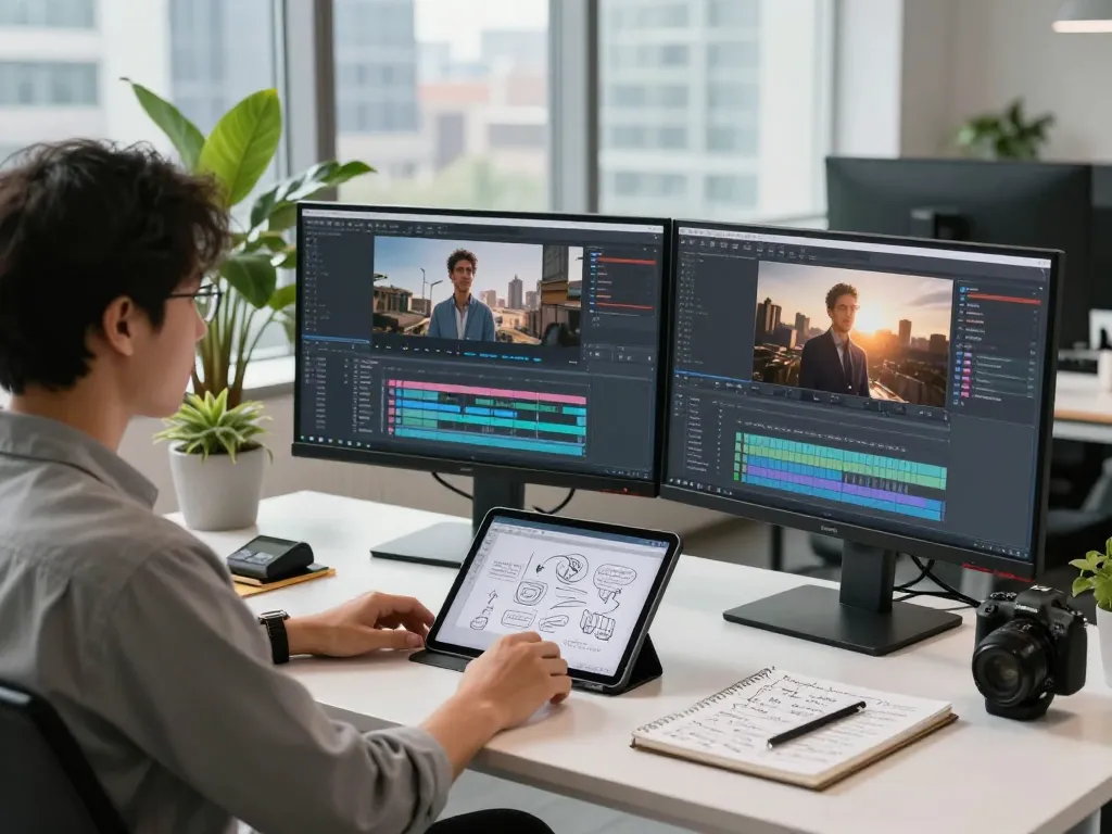 Video to prompt ai professional workspace with dual monitors, generating video prompts