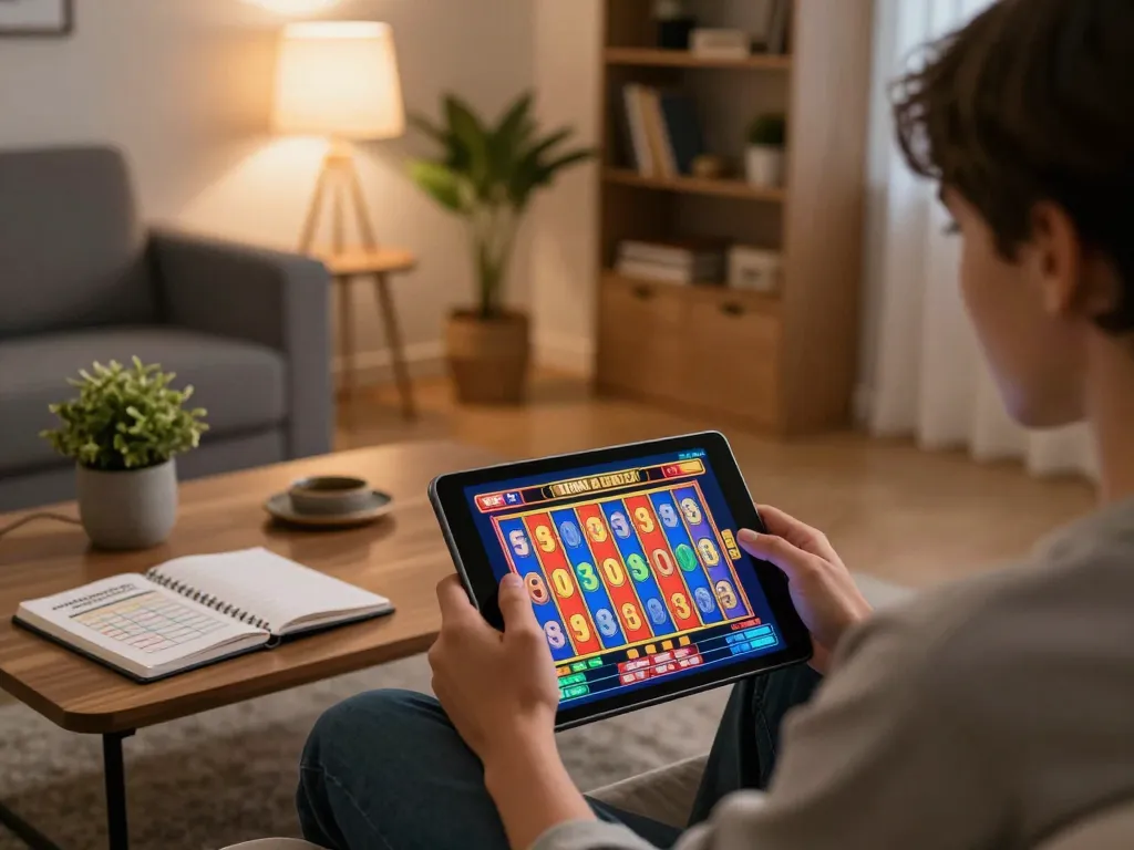 Engaging with lv 88 online slot games on a tablet, creating a responsible gambling atmosphere at home