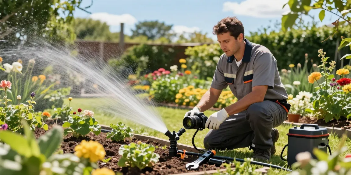 Professional Irrigation Services in Haltom city, TX with skilled technician maintaining a vibrant garden irrigation system.