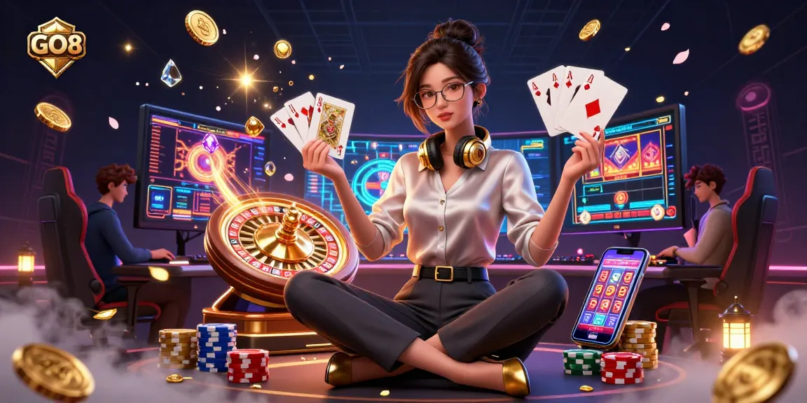 Engaging GO8 gaming scene featuring dynamic casino action with coins, cards, and roulette.
