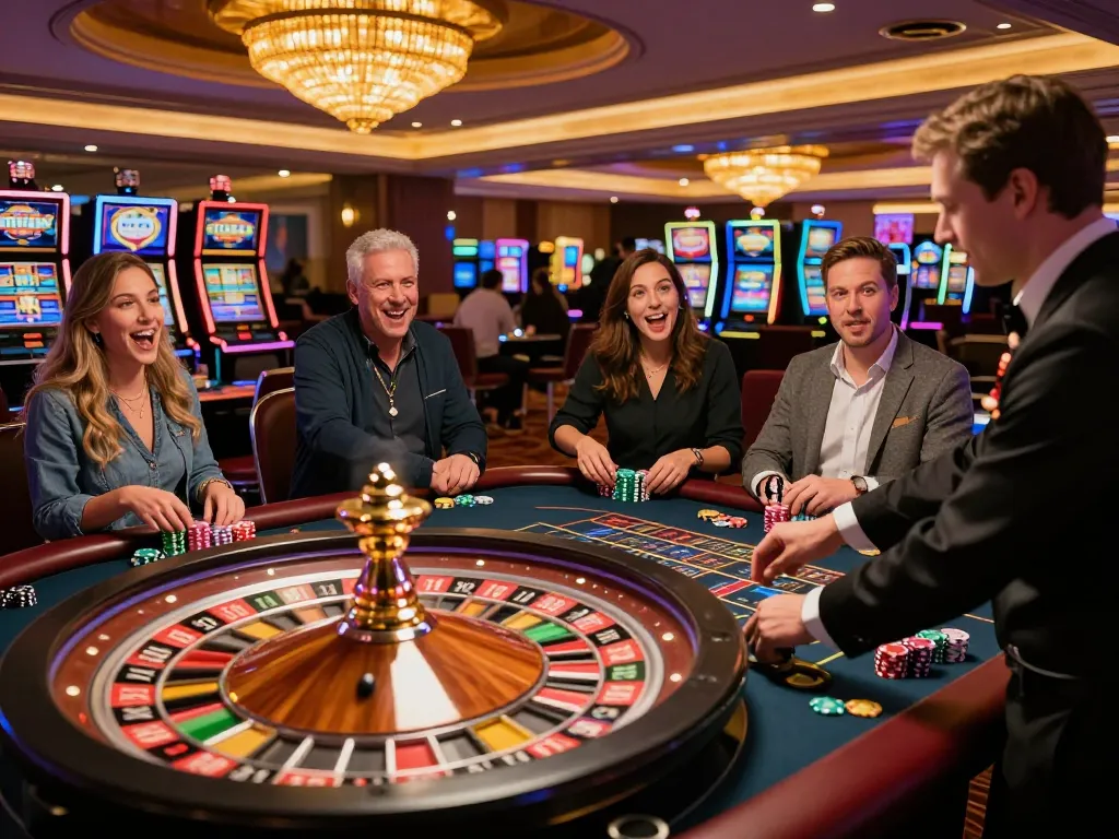 Players around a roulette table at a casino showcasing excitement and strategy with sky88 in play.