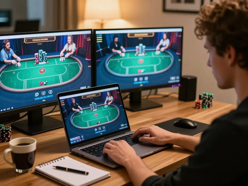 Person playing online poker on a laptop as part of a strategic session for 90phut gaming