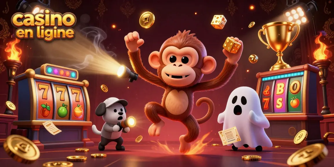 Jouez au casino en ligne avec une illustration de machines à sous et un singe poltergeist en action.