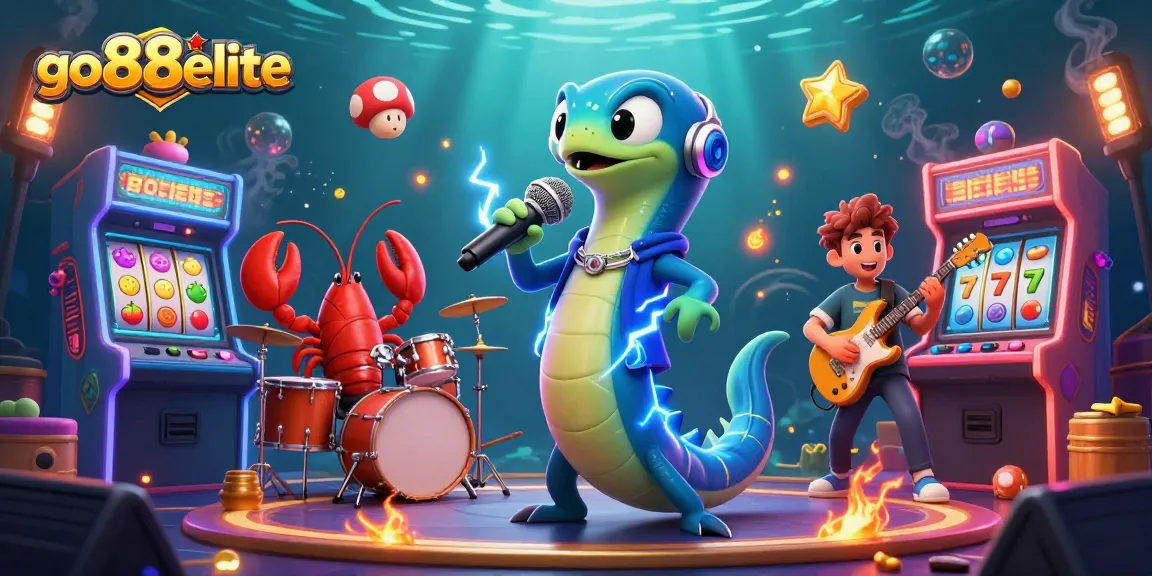 Engage in big wins at go88elite's casino with a vibrant underwater DJ scene featuring an electric eel, lobster, and seahorse.