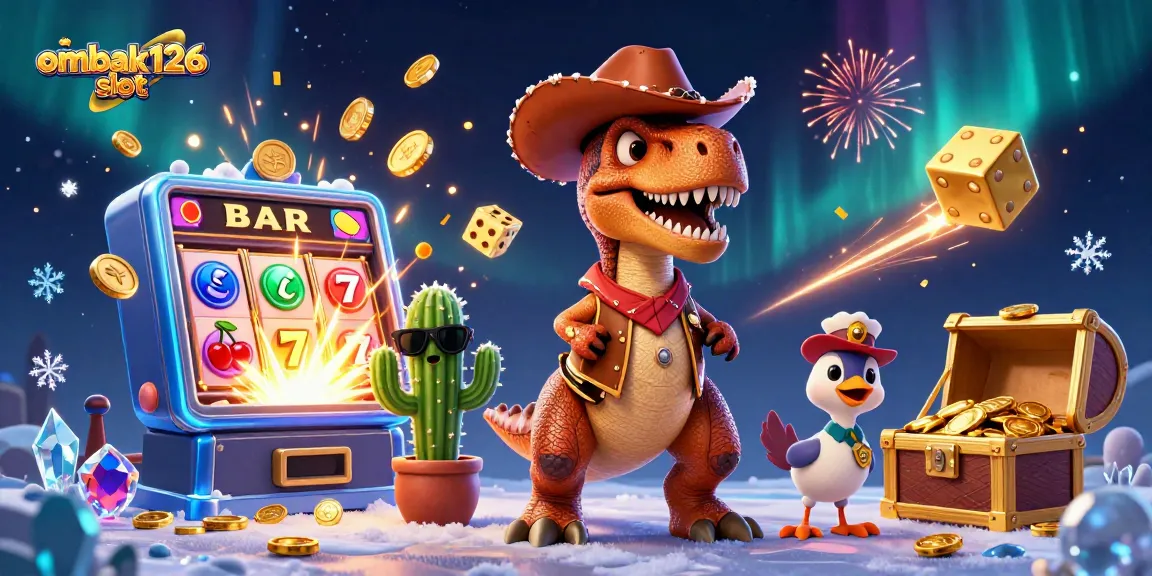 Play ombak126 slot for exciting jackpot wins with cartoon dinosaur characters and vibrant casino themes.