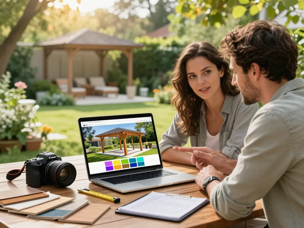 Couple engaging with a 3D Pergola Configurator, designing their outdoor space amidst a sunny garden.